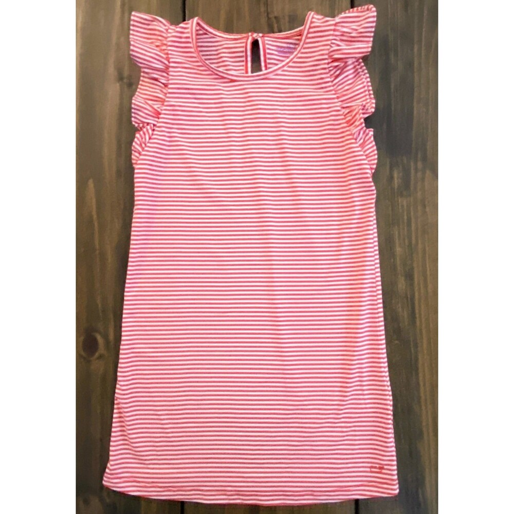 Vineyard Vines Coral & White Striped Ruffle Sleeve Dress Whale Logo Girls S 7-8